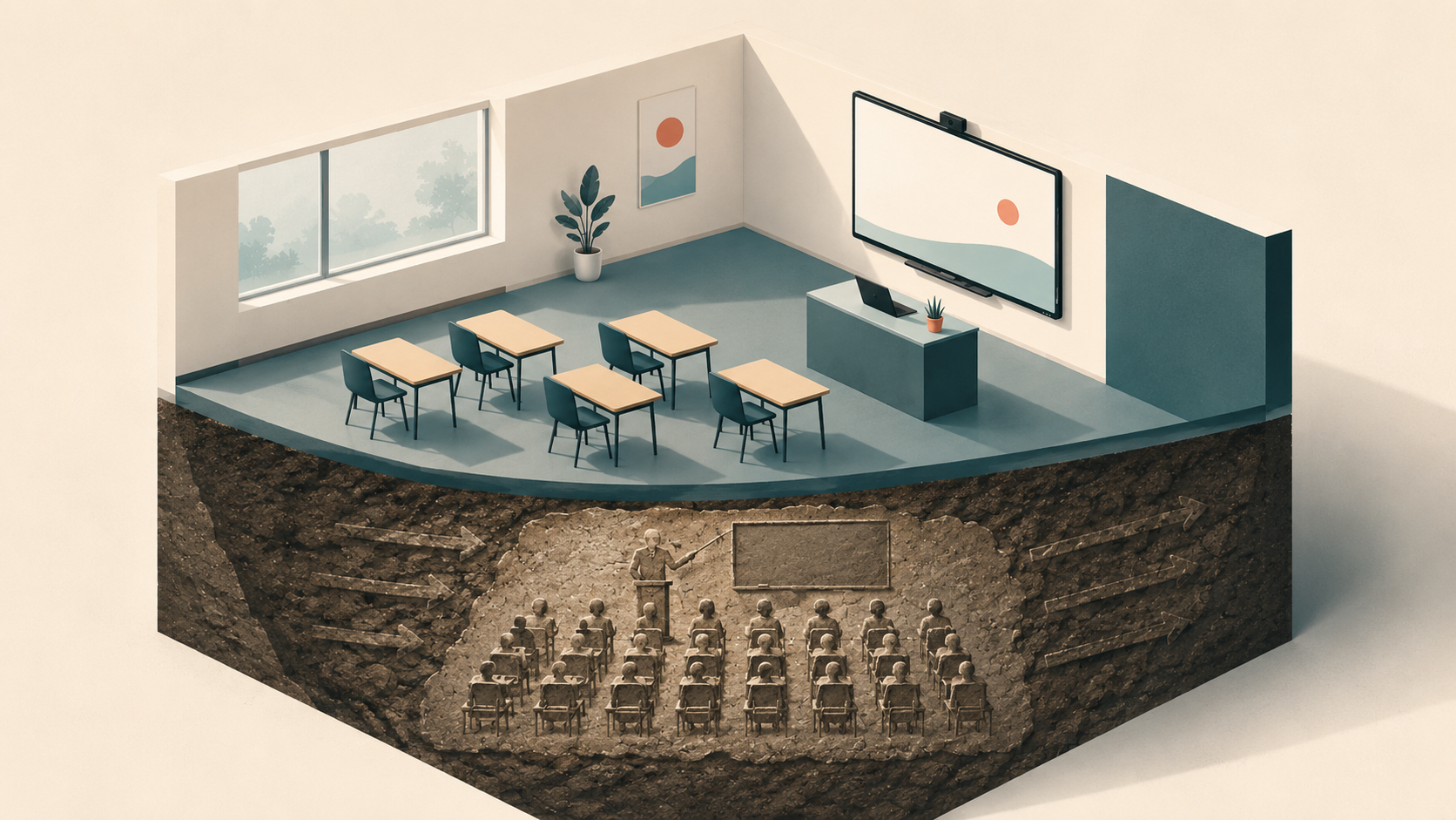 Minimal illustration representing fossilised school culture and unchanged classroom habits