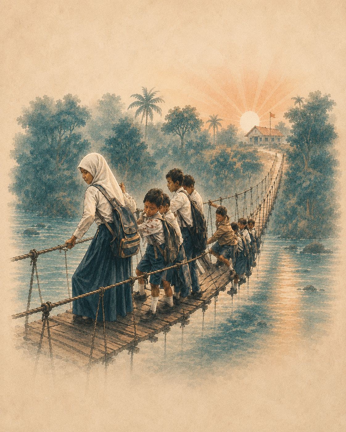 Watercolour illustration of children crossing a bridge to school, representing access to education