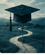 Graduation cap and winding path representing direction